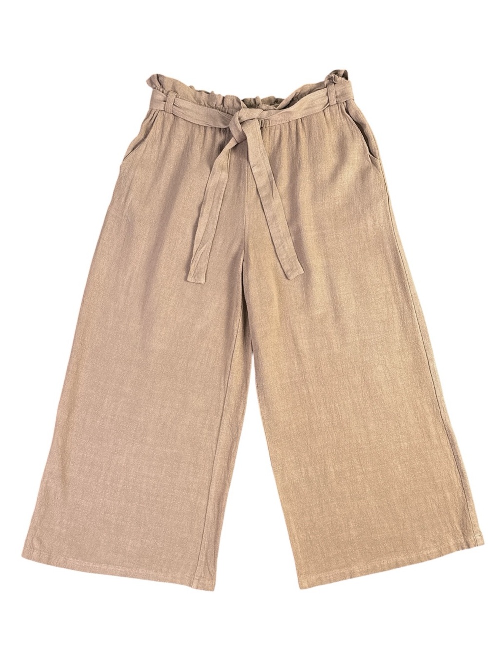 Mittoshop Linen Blend Paperbag Waist Wide Leg Pants Beige Tan Size Medium